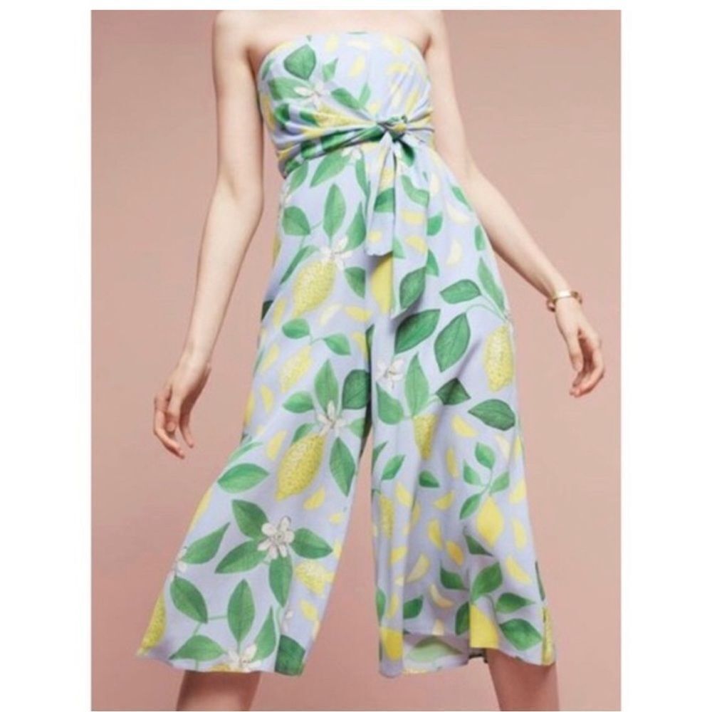 Anthropologie Maeve Lemon Grove Strapless Belted Romper Sz 0 Crop‎ Flowy